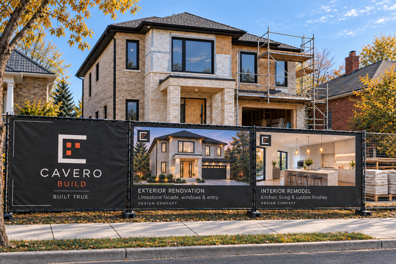 A renovation site with protective perimeter fencing