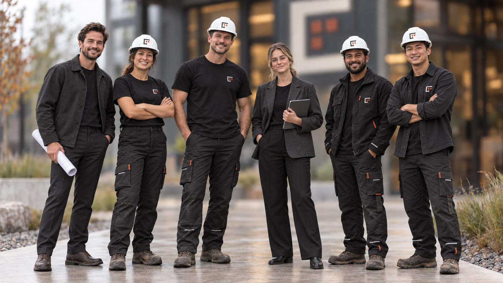 A group in black CAVERO T-shirts and workwear, with branded safety helmets